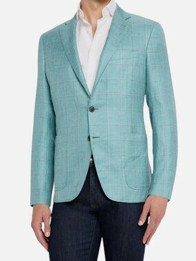 Canali Men's Green Linen Windowpane Check Kei Sport Coat Suit Jacket Size 52R